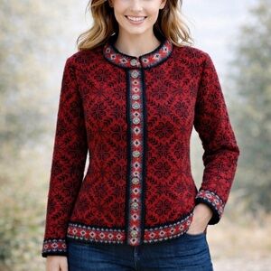 LL BEAN Fair Isle Cardigan Sweater Women M 100% Merino Lambs Wool Nordic Cabin